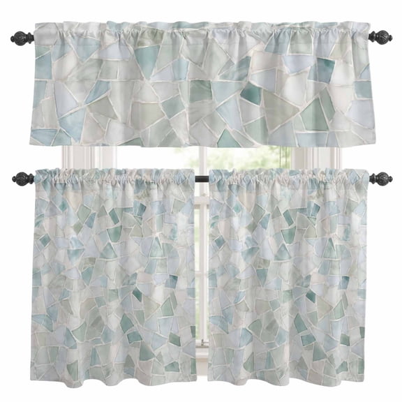 Terrazzo Background Kitchen Curtains Valances 3 Piece Set, Modern Abstract Teal Blue Lines Checkered Rod Pocket Tier Curtain and Valance Drapes for Small Window 36 Inch Length for Bedroom Cafe