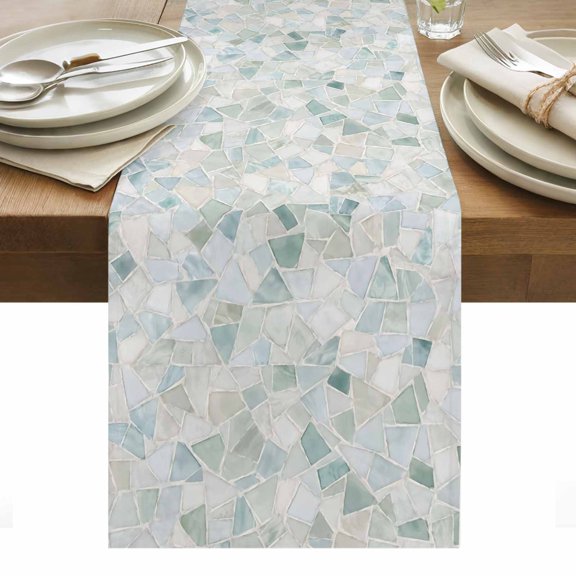 Terrazzo Background Table Runner, Modern Abstract Teal Blue Lines Checkered Washable Kitchen Table Runners Dress Scarves for Dining Table Decorations Party/Restaurant/Indoor Outdoor Use, 13x36in