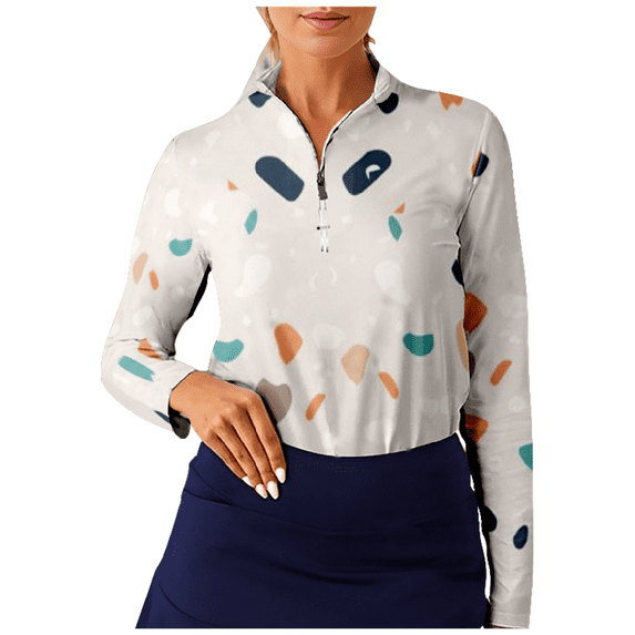 Terrazzo Print Long Sleeve Shirts Women's Half Zip Stand Collar Tops Casual Golf Shirt