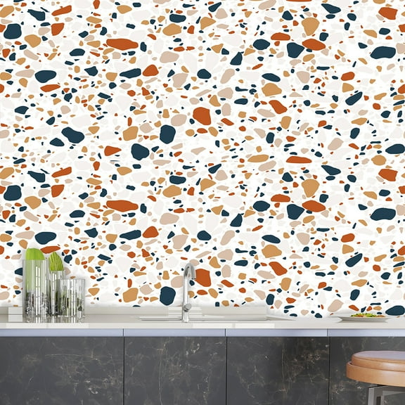 Terrazzo Stone Texture Imitation Tile Wall Sticker Self-adhesive Kitchen Background Oil-proof Tile Sticker, 2Pcs 16" x 40" Peel and Stick Backsplash