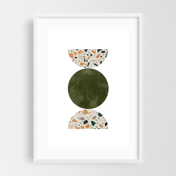 Terrazzo and green shapes - Digital Art Geometric Modern Art Minimalist Abstract Pattern Mid-Century Modern Boho White Framed Wall Art Print 12 x 18 inches