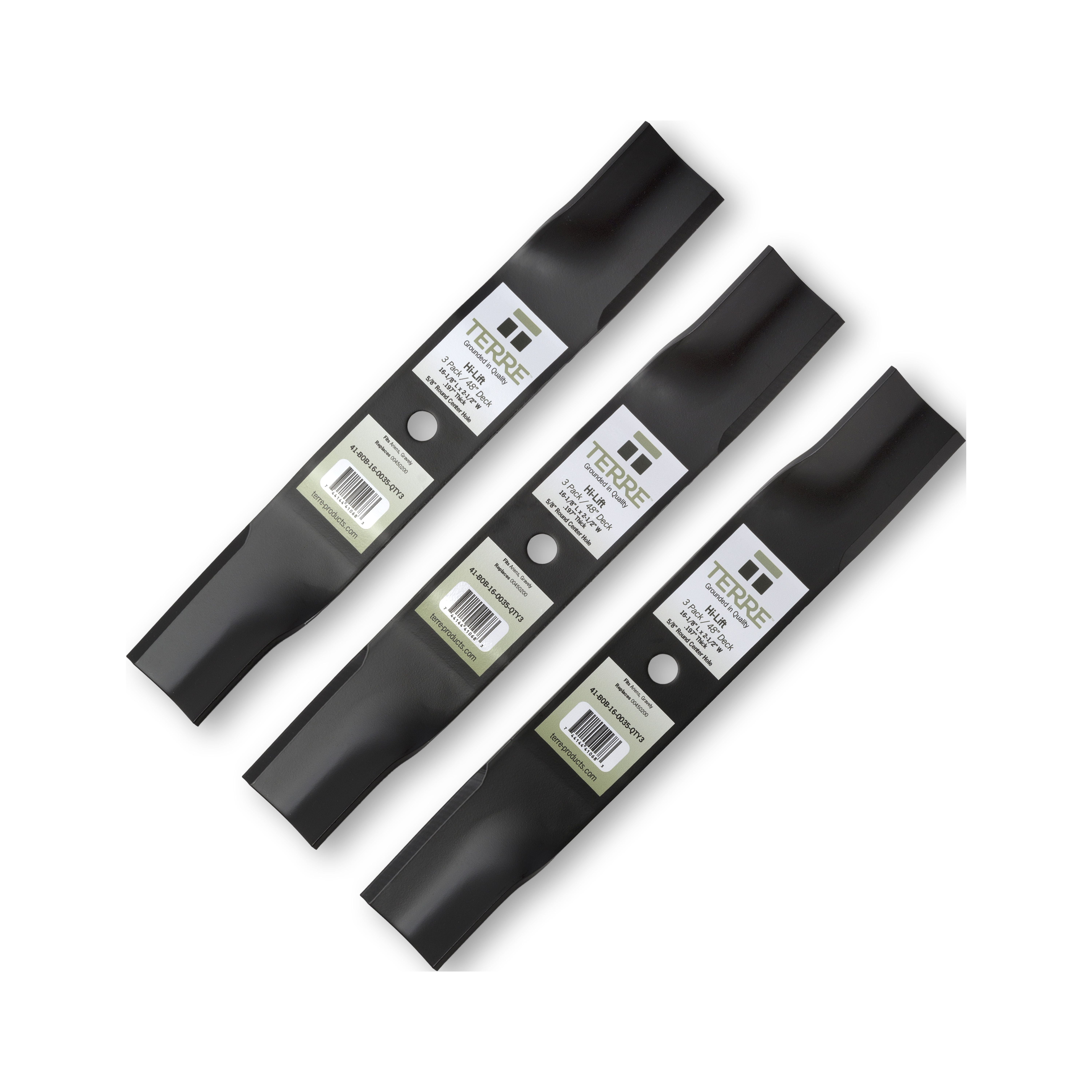 Terre Products, 3 Pack Hi Lift Lawn Mower Blades, 48 Inch Deck