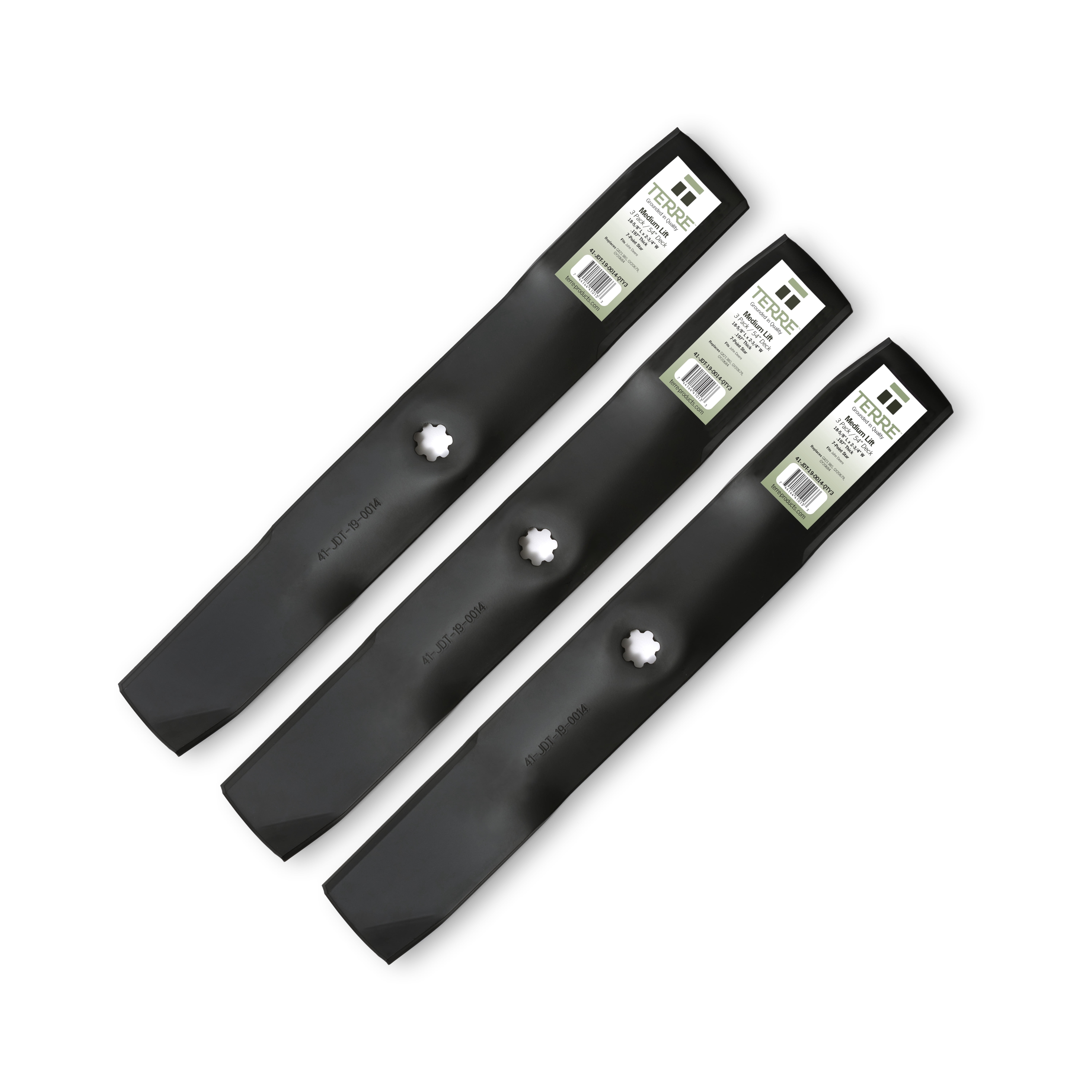 Terre Products, 3 Pack Medium Lift Lawn Mower Blades, 54 Inch Deck, Compatible with John Deere. Replacement for Part Numbers GX21380, GY20684