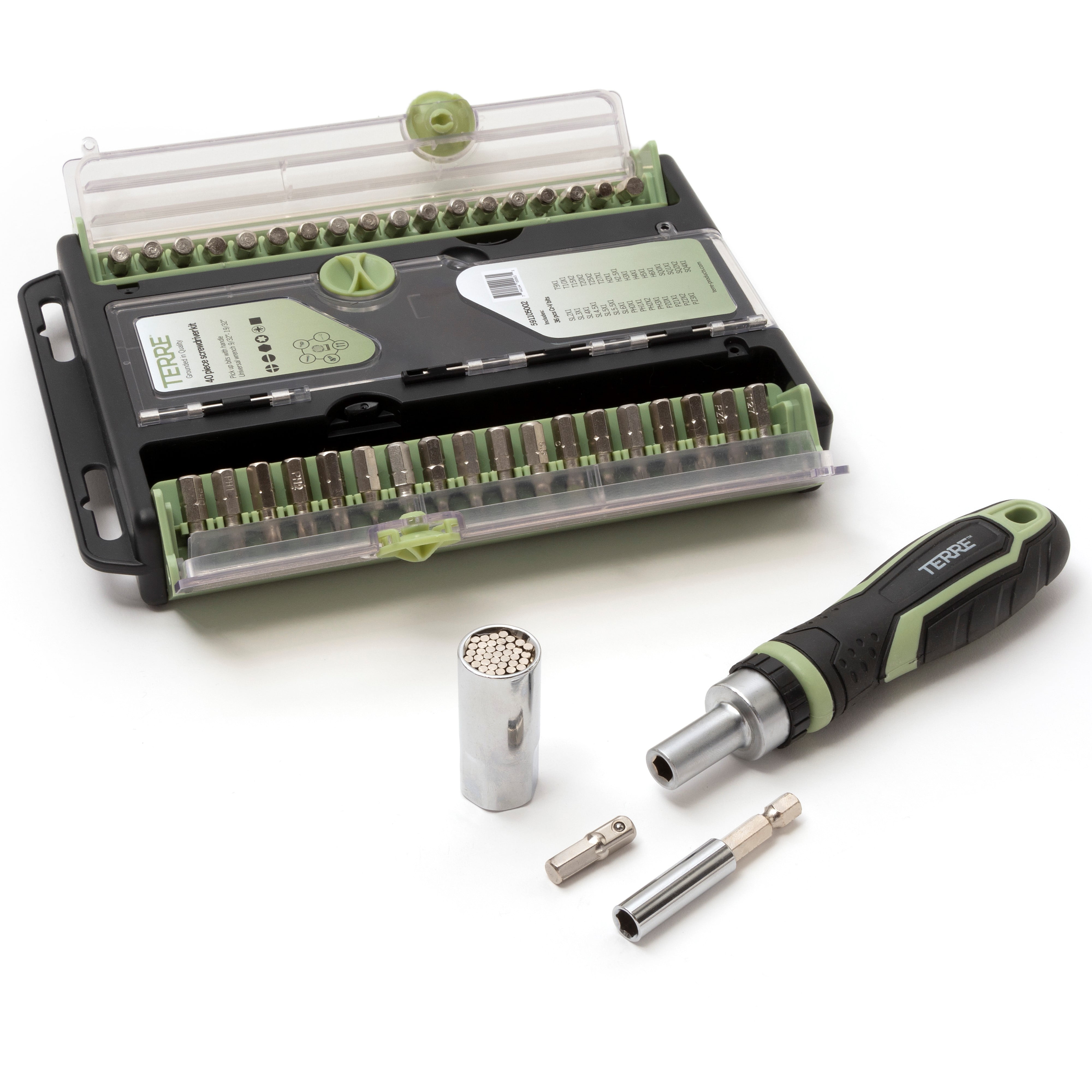 Terre Products, 40 in 1 Mini Tool Set, Multi Bit Ratcheting Screwdriver with Ergonomic Non-Slip Handle, Universal Socket, Magnetic Adapter, 120mm and 150mm Extension Bars, Quick Bit Release Technology
