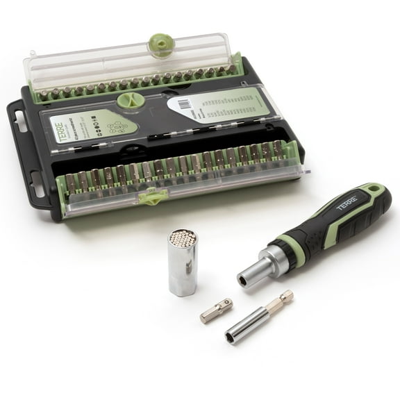 Terre Products, 40 in 1 Mini Tool Set, Multi Bit Ratcheting Screwdriver with Ergonomic Non-Slip Handle, Universal Socket, Magnetic Adapter, 120mm and 150mm Extension Bars, Quick Bit Release Technology