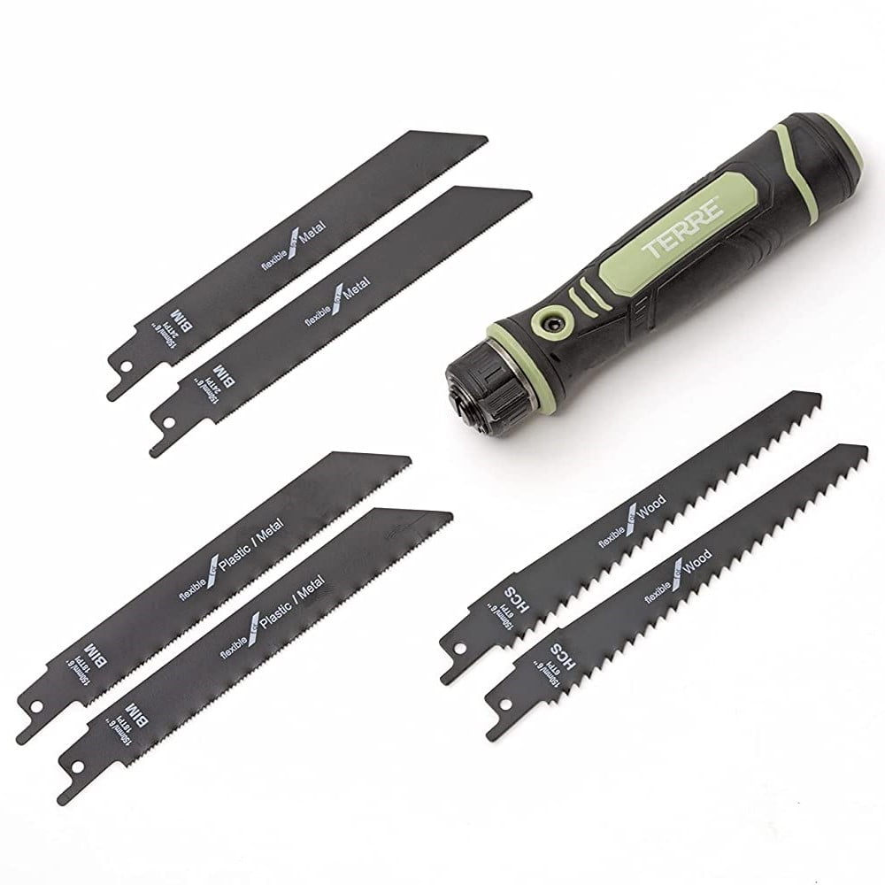Terre Products, Adjustable Blade Hand Saw, Jab Saw, Drywall Saw, Reciprocating Blades, 2 Wood (6 TPI), 2 Plastic (18 TPI), 2 Bi-Metal (24 TPI), Cuts Metal, Wood, Sheetrock, Plywood, Plastic