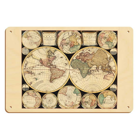 The Terrestrial Planisphere (Planisphaerium Terrestre Sive Terrarum Orbis) - Vintage World Map by Carel Allard c.1696 - 8 x 12 inch Vintage Wood Art Sign