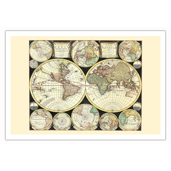 The Terrestrial Planisphere (Planisphaerium Terrestre Sive Terrarum Orbis) - Vintage World Map by Carel Allard c.1696 - Fine Art Matte Paper Print (Unframed) 30x44in