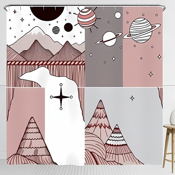 Terrestrial Shower Curtain Stylish Mountains Planets & Stars Design for a Serene Bathroom