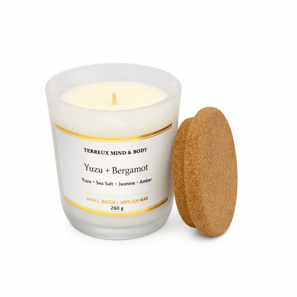 Terreux Mind and Body 10 oz Yuzu Bergamot Scented Container Candle with 48 Hour Burn Time, Two-Wick, Soy Wax