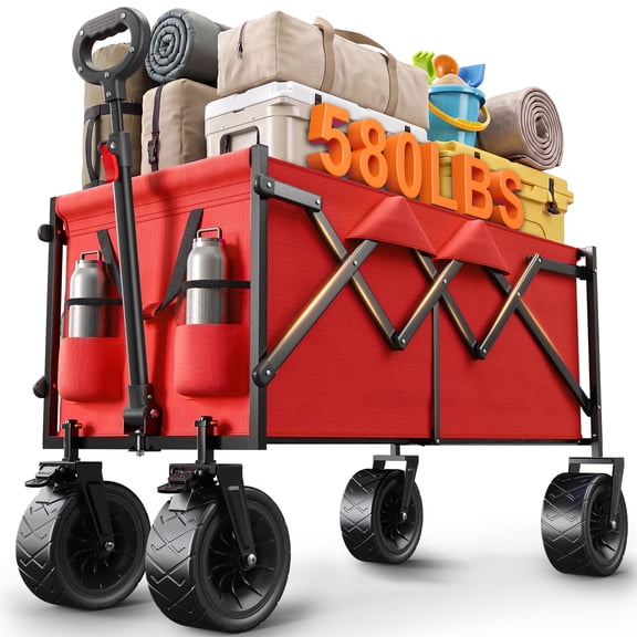 Goosiay 580LBS Collapsible Folding Wagon, Heavy Duty Utility Cart for Grocery, Shopping, Garden, Sports, Camping, Red