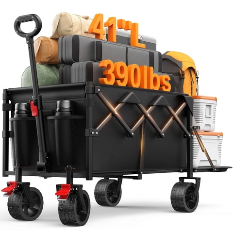 Goosiay 390lb Heavy Duty Collapsible Folding Wagon Cart with Extended Tailgate and All-Terrain Wheels for Camping, Garden, Outdoor, Black