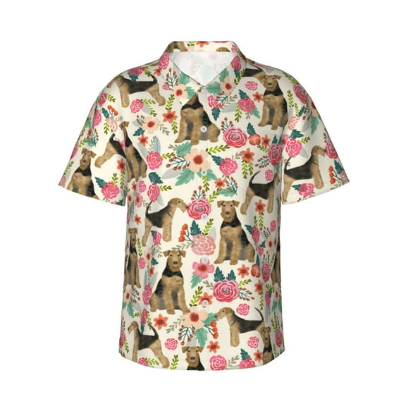 Terrier Dogs Lovers Flower Floral Men'S 3d Print Casual Button Down Shirts, Novelty Hawaiian Short Sleeves 3xl