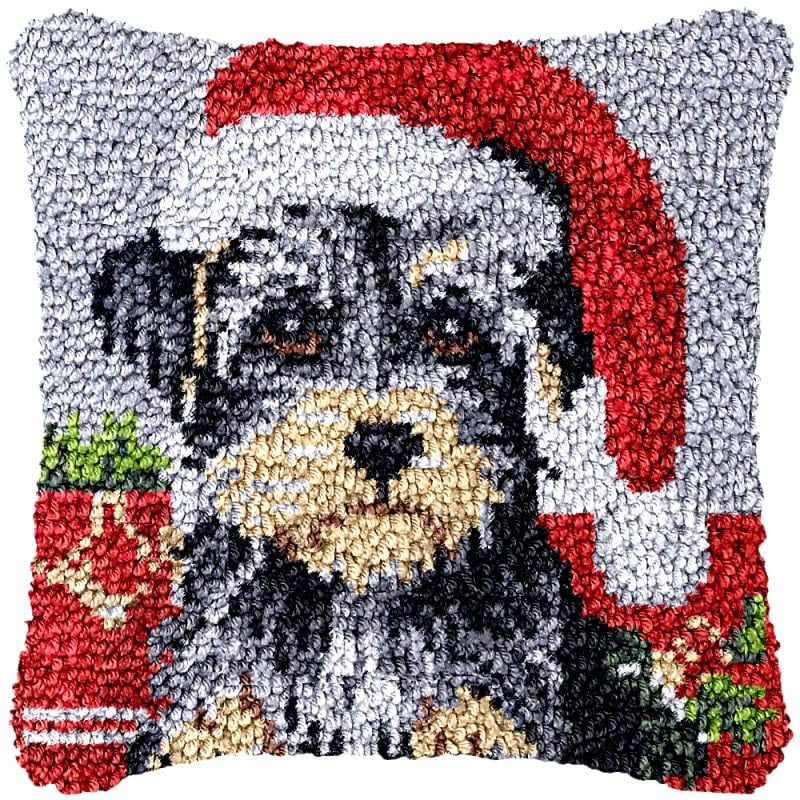 Terrier Red Hat Latch Hook Pillow Cover Kits for DIY Handmade Throw Pillow Cross Stitch Latch Hook Pillowcase Rug Kits with Preprinted Color Pattern Canvas Crochet Yarn Kits 17''X 17''(bs127)