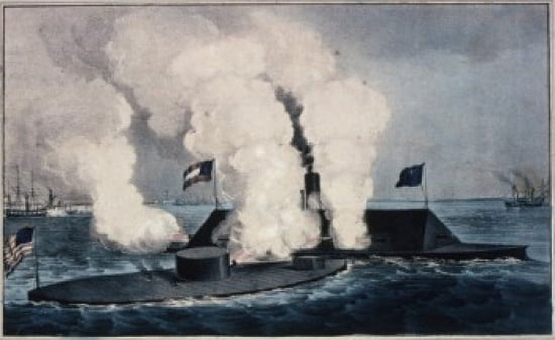 Terrific Combat between the Monitor Two Guns and Merrimac Ten Guns Currier and Ives (a 1857-1907American) Library of Congress Washington DC Canvas Art - Currier and Ives (18 x 24)