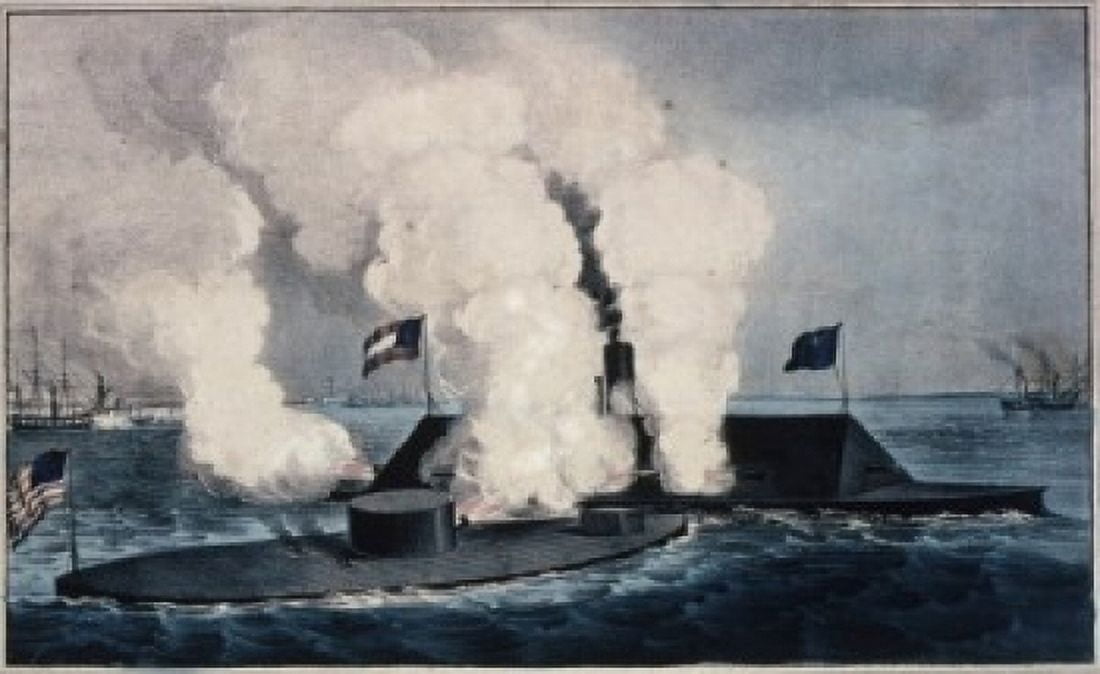Terrific Combat between the Monitor Two Guns and Merrimac Ten Guns Currier and Ives (a 1857-1907American) Library of Congress Washington DC Canvas Art - Currier and Ives (24 x 36)