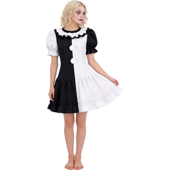 Terrifieger Cos, Terrifieger Outfit, Terrifieger Costume, Classic Circus Clown Mesh Gown, Halloween Split Panels Dress for Spooky Themed Carnivals, Festive Splattered Performance Outfit Cosplay WearM