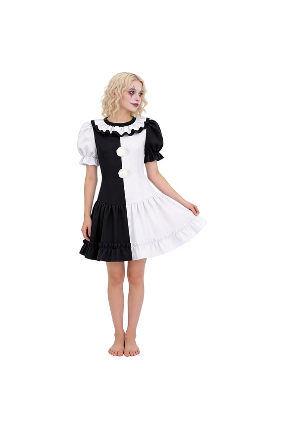 Terrifieger Cosplay, Terrifieger Cos, Terrifieger Outfit, Classic Circus Clown Mesh Gown, Halloween Split Panels Dress for Spooky Themed Carnivals, Festive Splattered Performance Outfit Cosplay WearL
