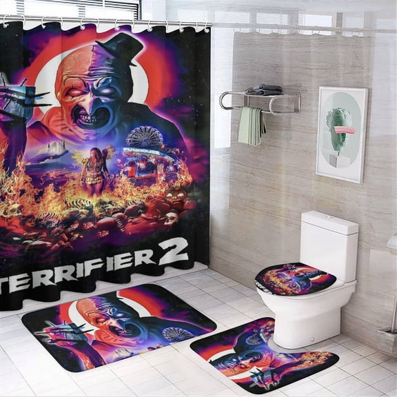Terrifier 4 Piece Shower Curtain Set with Non-Slip Rugs, Toilet Lid Cover and Bath Mat, Funny Bathroom Curtains Decor Set with Rugs and 12 Hooks, 72" x 72"