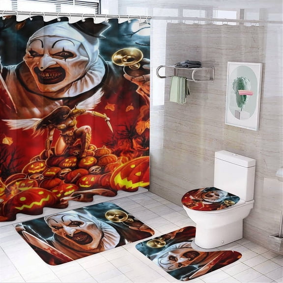 Terrifier 4 Piece Shower Curtain Set with Non-Slip Rugs, Toilet Lid Cover and Bath Mat, Funny Bathroom Curtains Decor Set with Rugs and 12 Hooks, 72" x 72"