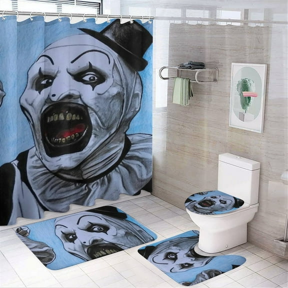 Terrifier 4 Piece Shower Curtain Set with Non-Slip Rugs, Toilet Lid Cover and Bath Mat, Funny Bathroom Curtains Decor Set with Rugs and 12 Hooks, 72" x 72"