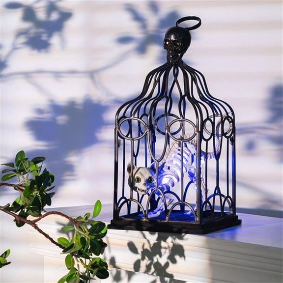 Terrifying Hanging Cat Skeleton Decor, Scary Realistic Animal Skeleton with LED Lights, Scary Zombie Cat Skeleton in Cage Prisoner for Halloween Haunted Houses Party Outdoor Decorations