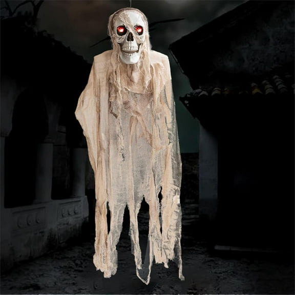 Terrifying Hanging Skeleton Props, Rotating Body Hanging Mummy with Glowing Eyes,Skeleton for Halloween Haunted Houses Party,Animatronic Skeleton Halloween Decor