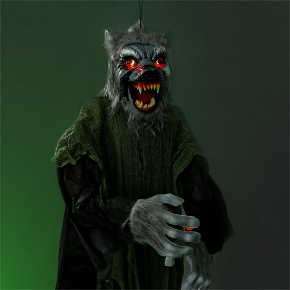 Terrifying Hanging Werewolf Prop,Halloween Sound Activation Hanging Werewolf with Movable Mouth,Light Up Hanging Wolf for Halloween Haunted Houses Party Outdoor,Animatronic Werewolf Halloween Decor