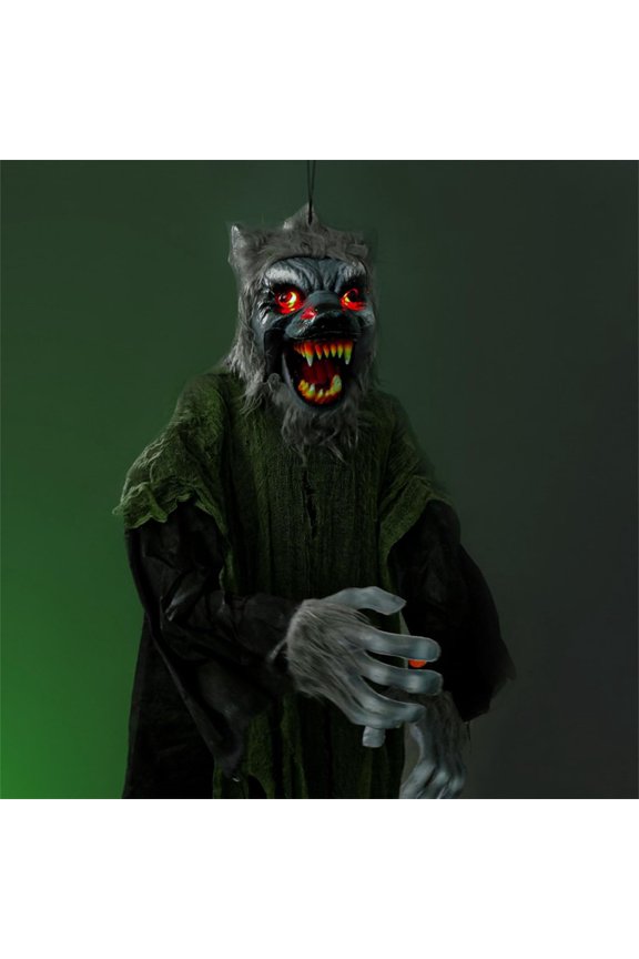 Terrifying Hanging Werewolf Prop,Halloween Sound Activation Hanging Werewolf with Movable Mouth,Light Up Hanging Wolf for Halloween Haunted Houses Party Outdoor,Animatronic Werewolf Halloween Decor
