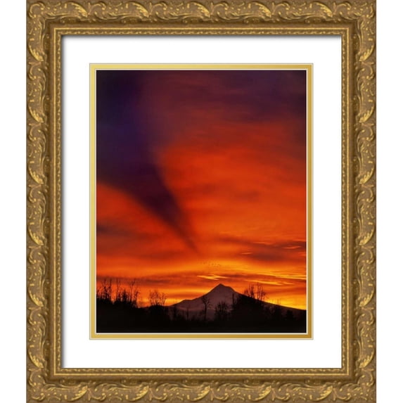 Terrill, Steve 12x14 Gold Ornate Wood Framed with Double Matting Museum Art Print Titled - Oregon Sunrise with mountain shadow over Mt Hood