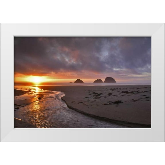 Terrill, Steve 14x11 White Modern Wood Framed Museum Art Print Titled - Oregon, Oceanside Sunset on Three Arch Rocks