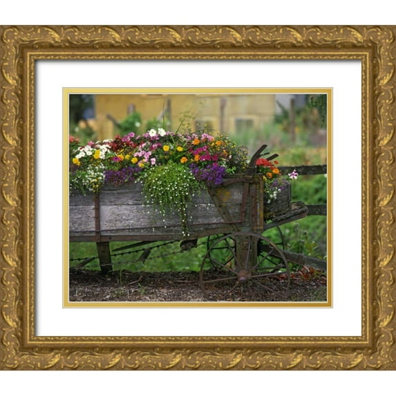Terrill, Steve 14x12 Gold Ornate Wood Framed with Double Matting Museum Art Print Titled - OR, Portland Farm spreader filled with flowers