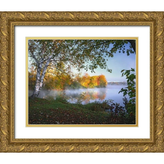 Terrill, Steve 18x15 Gold Ornate Wood Framed with Double Matting Museum Art Print Titled - ME, Pittsfield Morning and fog over Douglas Pond
