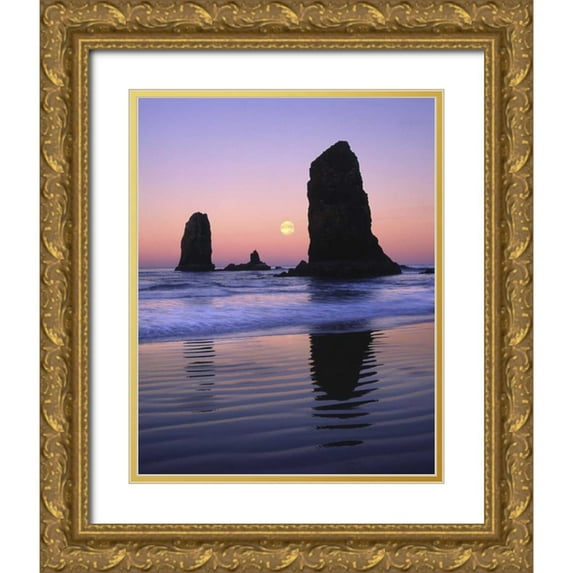 Terrill, Steve 20x24 Gold Ornate Wood Framed with Double Matting Museum Art Print Titled - OR, Cannon Beach The Needles rock monoliths