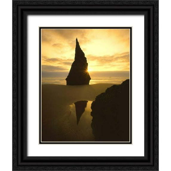 Terrill, Steve 26x32 Black Ornate Wood Framed with Double Matting Museum Art Print Titled - OR, Bandon Beach, Sunset silhouettes seabird