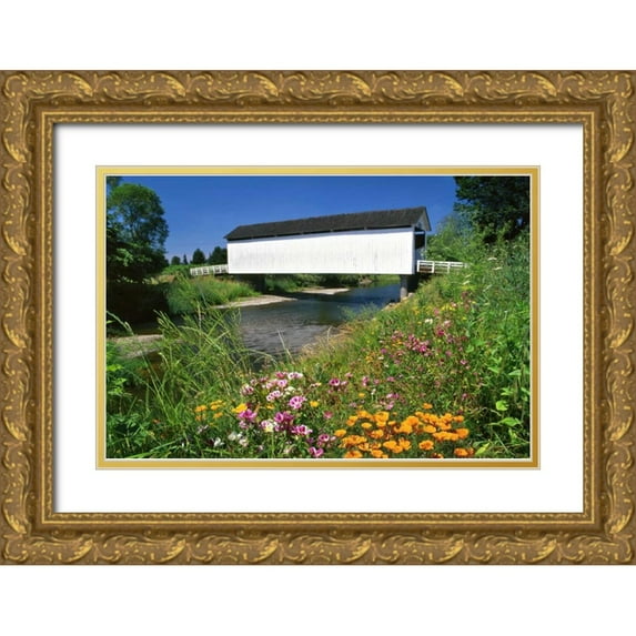 Terrill, Steve 32x23 Gold Ornate Wood Framed with Double Matting Museum Art Print Titled - OR, Gallon House covered bridge over Abiqua Creek