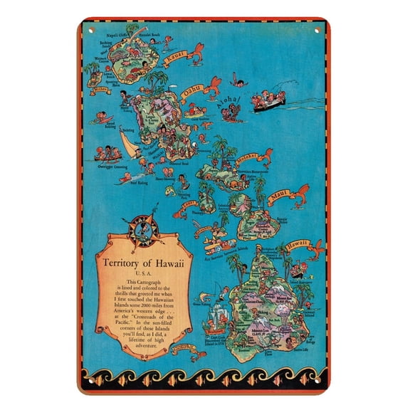 Territory of Hawaii Map - Vintage Colored Cartographic Map by Ruth Taylor White c.1931 - 8 x 12 inch Vintage Wood Art Sign