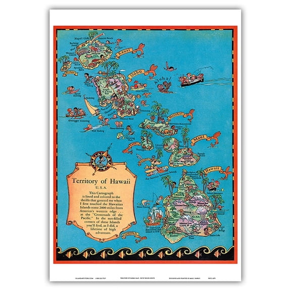 Territory of Hawaii Map - Vintage Colored Cartographic Map by Ruth Taylor White c.1931 - Master Art Print 10in x 14in