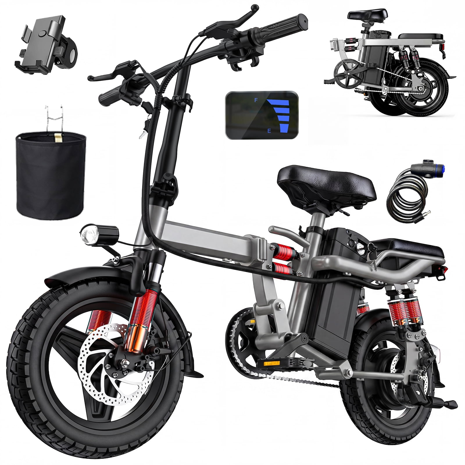 Terrosor 14" Foldable E-Bike: 48V 740W, 19.9mph, 18.6mi Range, 330lbs Capacity, for Commuting & Short trips,Gray