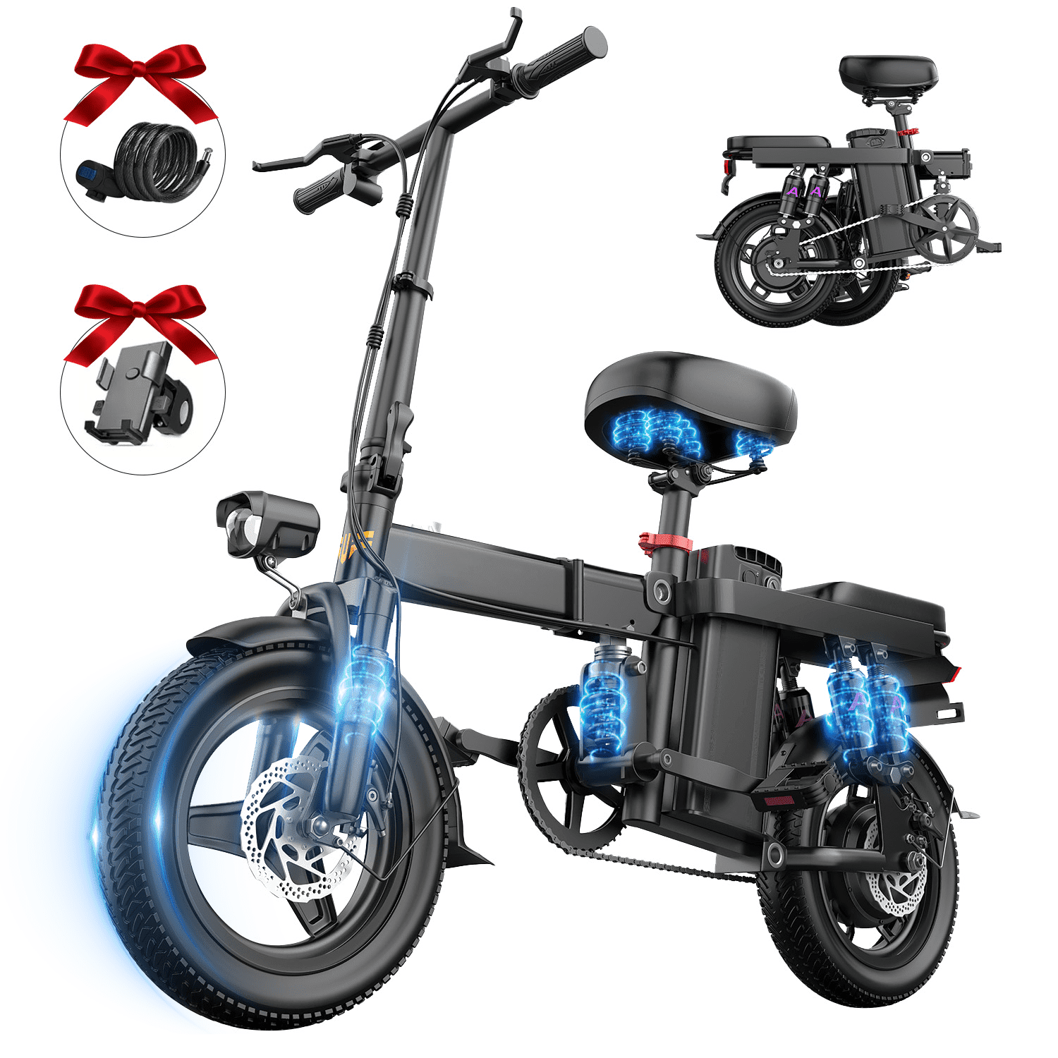 Terrosor 14-in Foldable Electric Bike - 48V 750W Motor, 15.5 Mph Maximum Speed, 18.6 Miles of Range, 330 lbs Load Capacity, Portable Folding Design, Suitable for Commuting and Short Trips Black