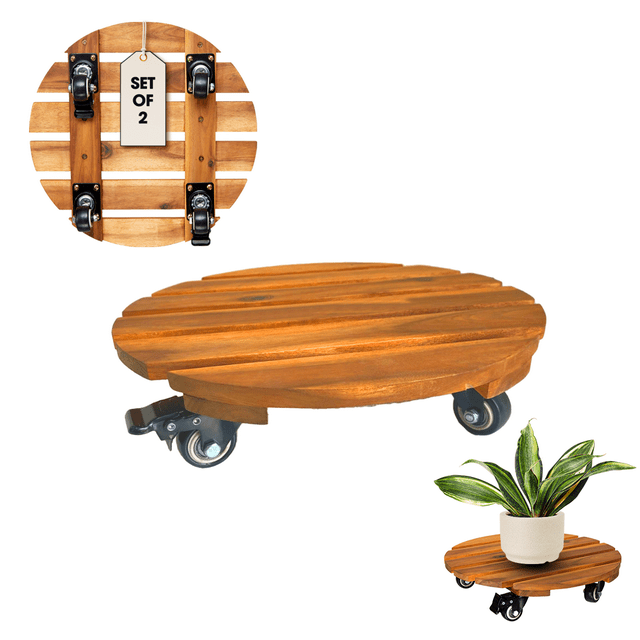 Terry 2 Pack Round Wood Plant Caddy 12 in. with 360° Lockable Wheels