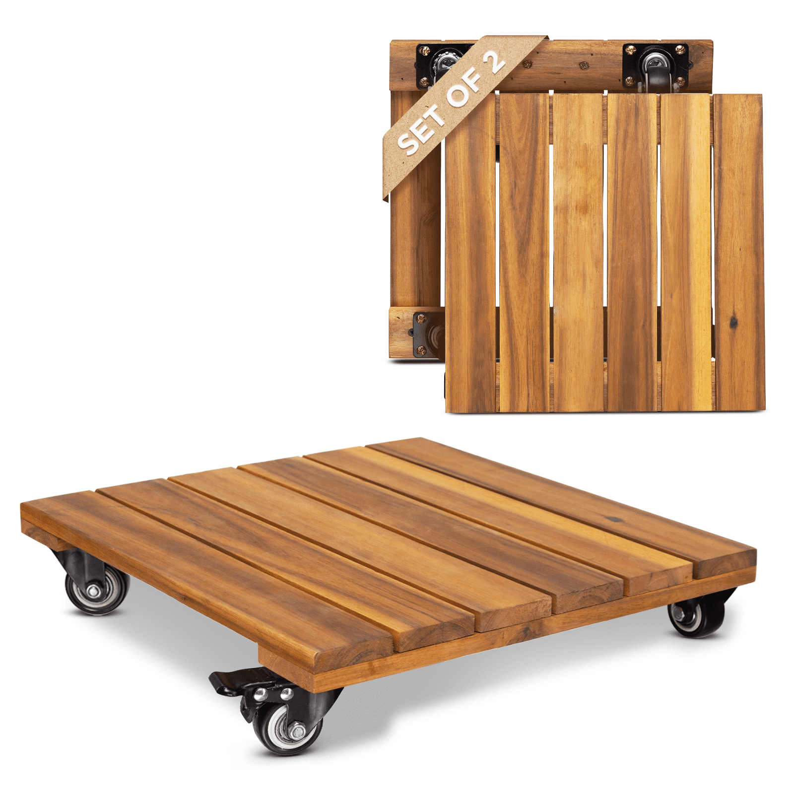 Acacia Wood Square Plant Caddy with Lockable Wheels, Set of 2