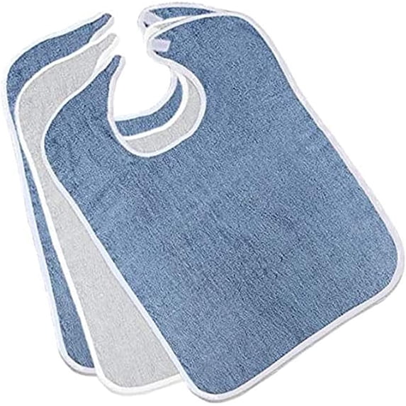 Terry Adult Bibs (3-Pack, 2 Blue 1 White,18 x 30 Inches) with Velcro Closure Made from 100% Cotton - Absorbent Clothing Protector - Reusable - Machine Washable Patient Bibs