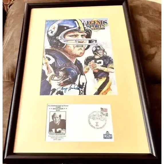 Terry Bradshaw autographed Steelers Legends magazine cover framed with HOF cachet JSA