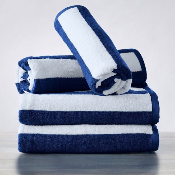 Terry Cabana Plush Towels for Beach Swimming Pool, Navy White, Set of 4