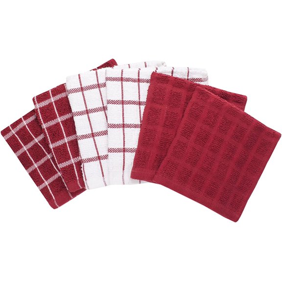 Terry Check Dish Cloth Set: Highly Absorbent & Super Soft - 100% Cotton, Durable Kitchen Cleaning Cloths for Wiping Tables and Counters, 6-Pack, Paprika