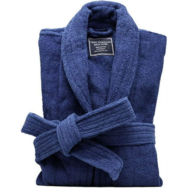 Terry Cloth Robes for Men AllCotton Bathrobe, Navy Blue Luxury Shower Robe Long Shawl Collar