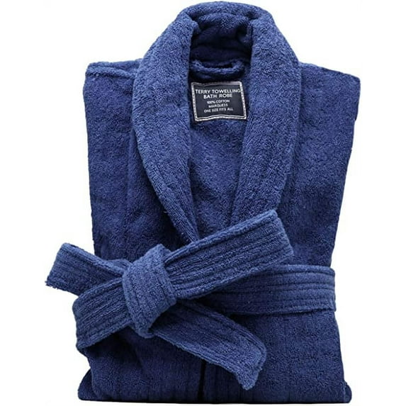 Terry Cloth Robes for Men All-Cotton Bathrobe, Navy Blue Luxury Shower Robe Long Shawl Collar