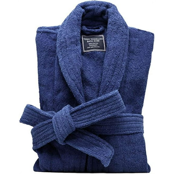 Terry Cloth Robes for Men All-Cotton Bathrobe, Navy Blue Luxury Shower Robe Long Shawl Collar