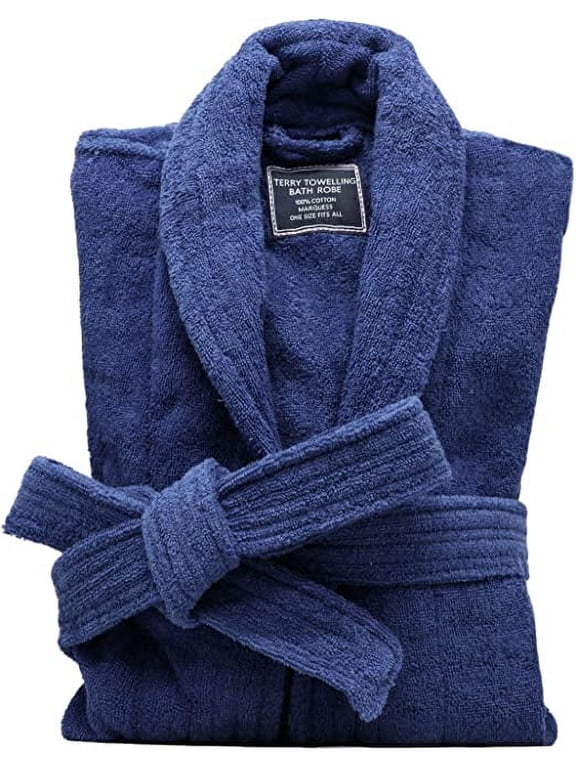 Terry Cloth Robes for Men All-Cotton Bathrobe, Navy Blue Luxury Shower Robe Long Shawl Collar